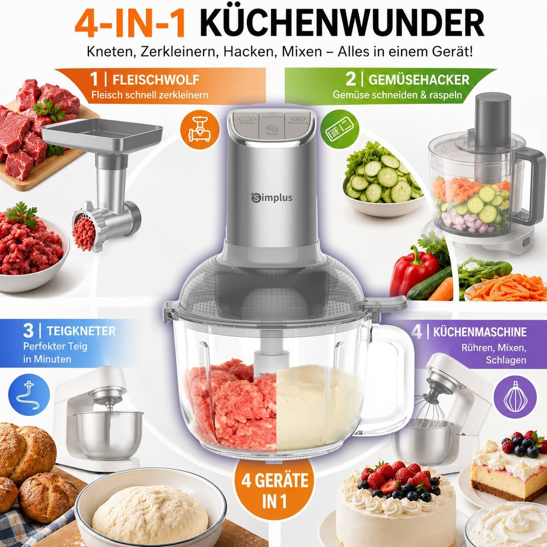 SIMPLUS Universalzerkleinerer mit Teigknetfunktion, 300W Elektrisch, 2.5L Glasbehälter, Multifunktio