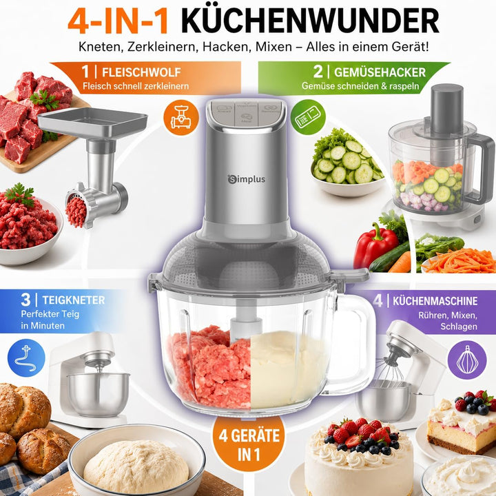 SIMPLUS Universalzerkleinerer mit Teigknetfunktion, 300W Elektrisch, 2.5L Glasbehälter, Multifunktio
