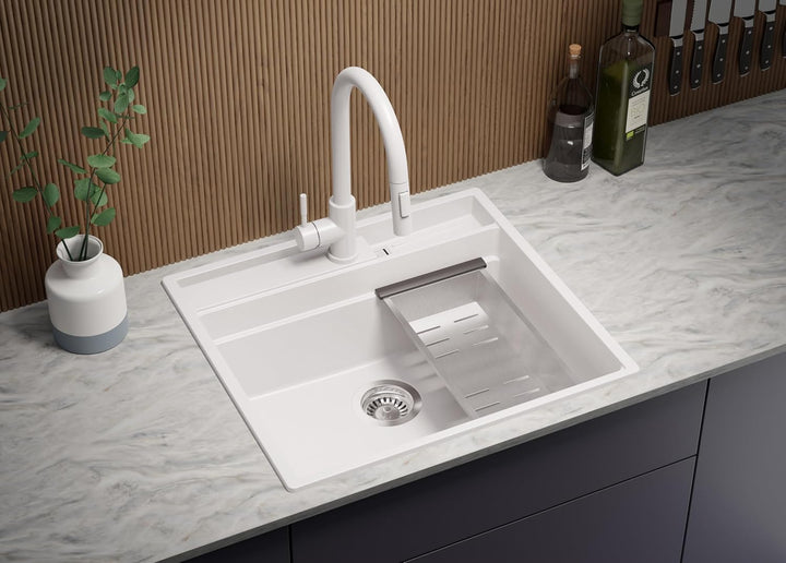 PRIMAGRAN Spülbecken Weiss 58x53cm, Granitspüle 1 Becken + Ablauf-Set, Küchenspüle ab 60er Unterschr