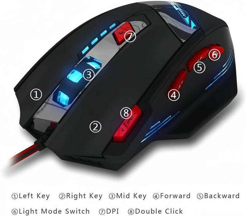 zelotes T90 Gaming Maus 9200 DPI, 8 Programmierbare Tasten, Multi-Modi LED, USB Gaming Maus, Gewicht