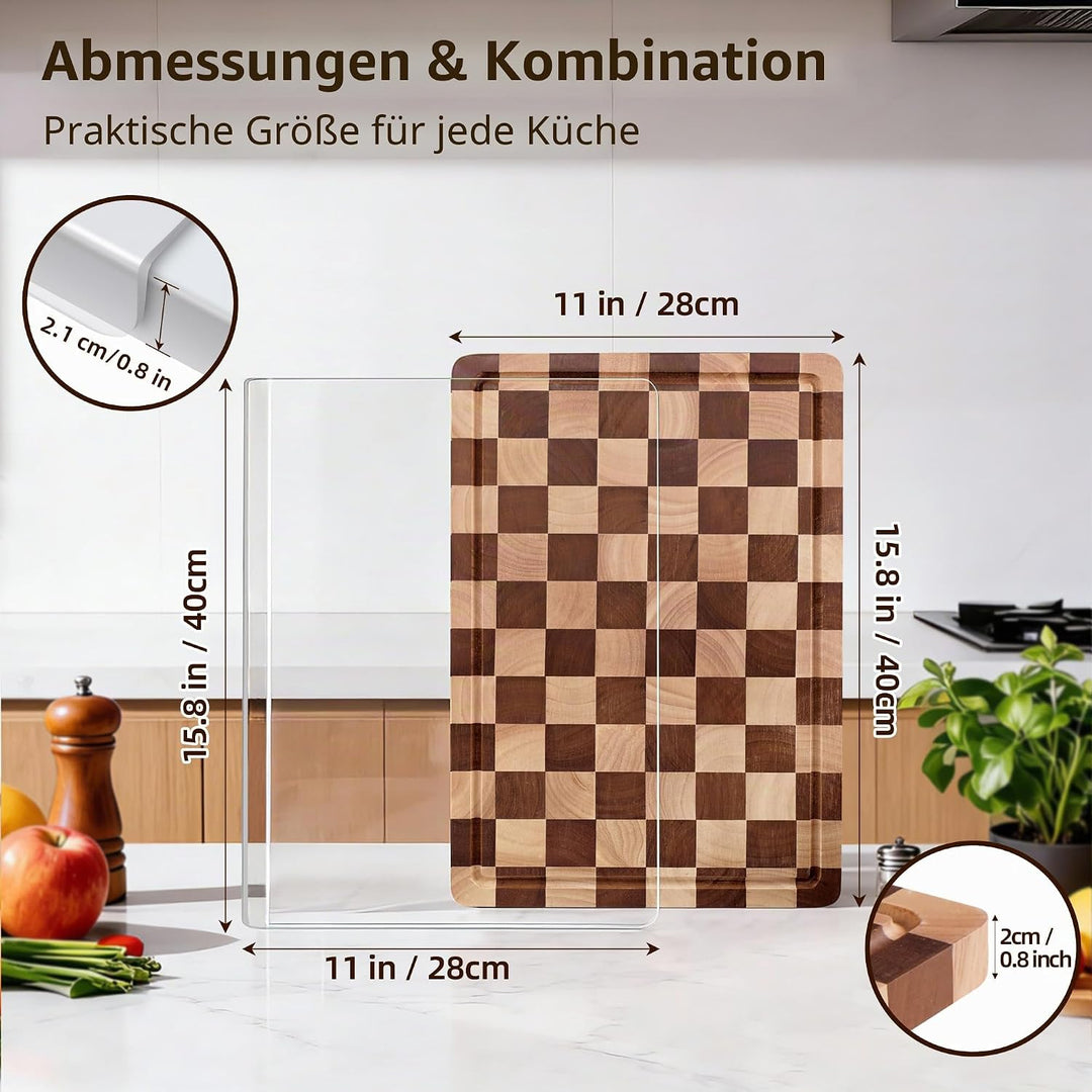 Schneidebrett-Set 2-teilig – Kariertes Holz- &amp; Acryl-Schneidebrett mit Arbeitsplatten-Lippe, Holz-Sc