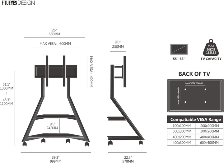 FITUEYES Design TV Ständer Rollbar für 55-88 Zoll Fernseher Mobiler TV Stand höhenverstellbar schwen