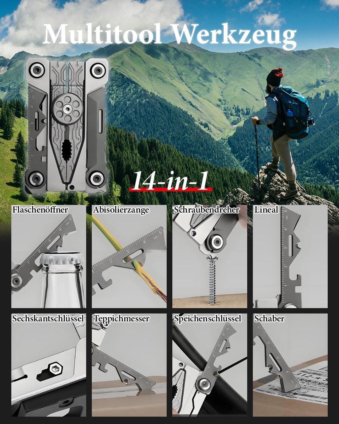 Multitool Werkzeug, 14 in 1 Kompaktes Multitool Werkzeug, Faltbares - Zange, Messer, Flaschenöffner,