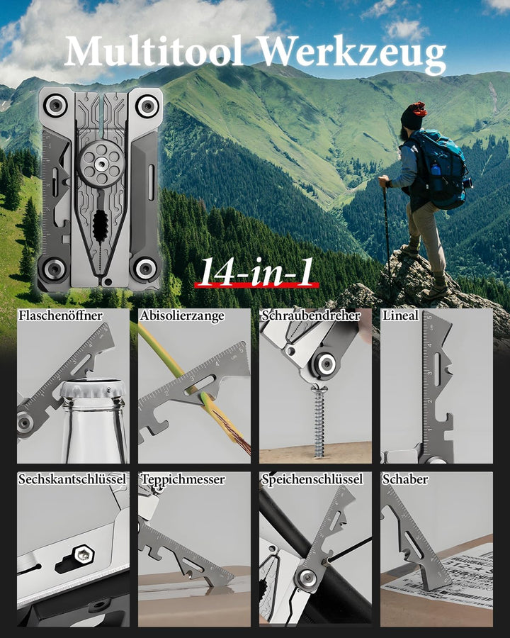Multitool Werkzeug, 14 in 1 Kompaktes Multitool Werkzeug, Faltbares - Zange, Messer, Flaschenöffner,