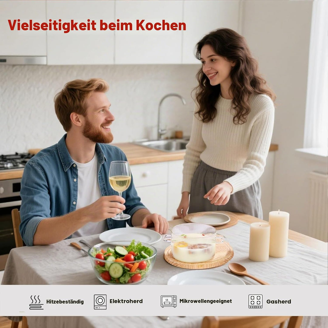 Bleifreies Kochgeschirr Set aus Borosilikatglas Ofen und Mikrowellenfeste Töpfe und Pfannen mit Deck