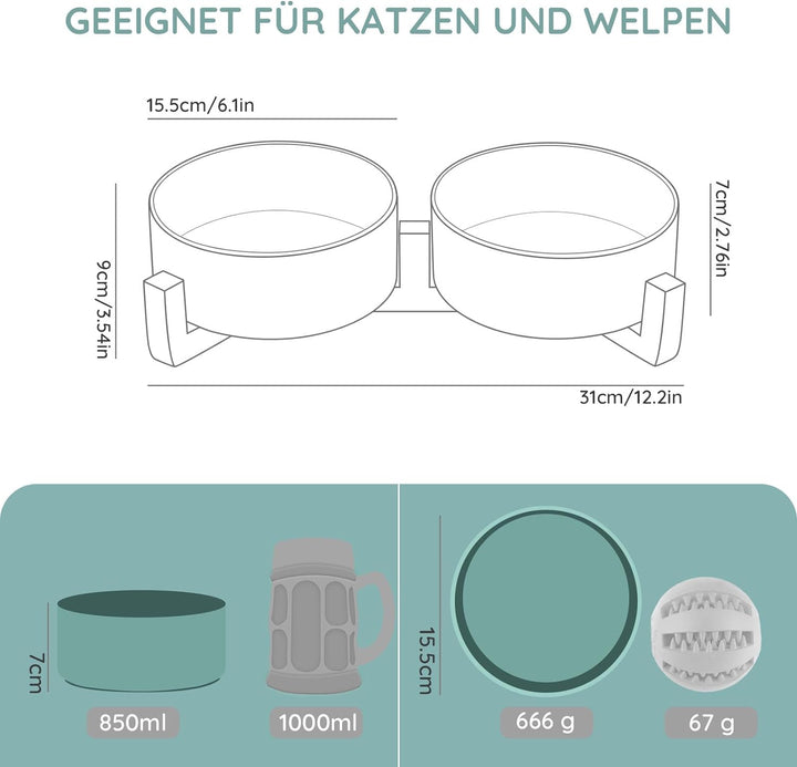SPUNKYJUNKY Keramik Doppel Futternapf mit Bambus Ständer für Katzen und Hunde (850ml, Grün) Türkis D