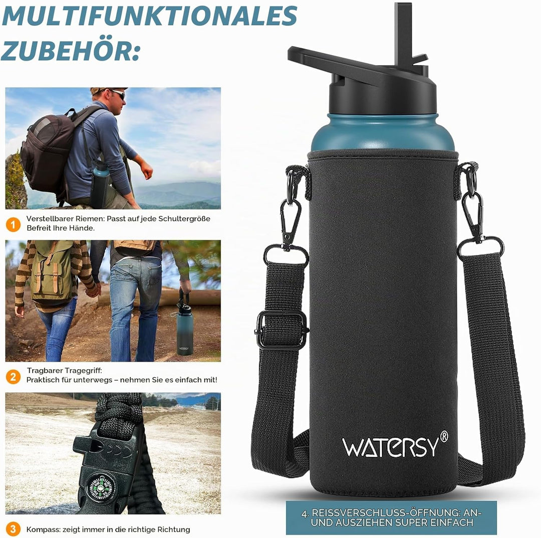 WATERSY Isolierte Edelstahl Thermosflasche 40oz Vakuumisolierte Trinkflasche mit 2 Deckel Auslaufsic