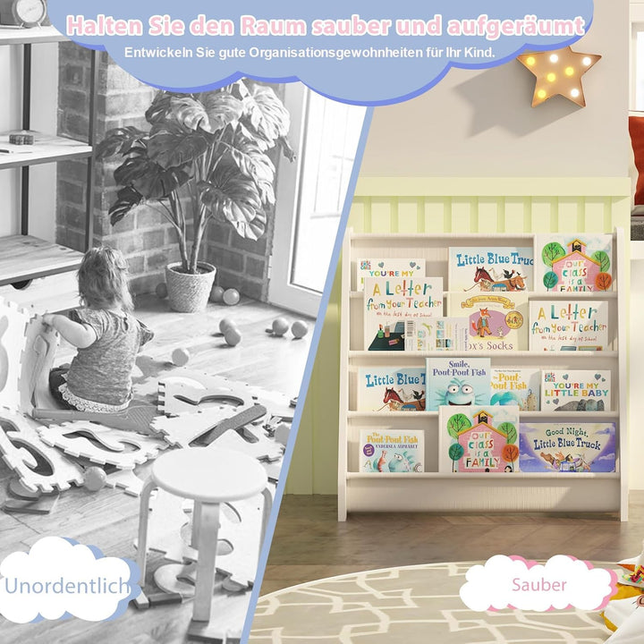 KEEPREAPER Bücherregal Kinder, Kinderregal mit 4 Stofffächern Kinderzimmer Regal 4 Ebenen Bücher-Org