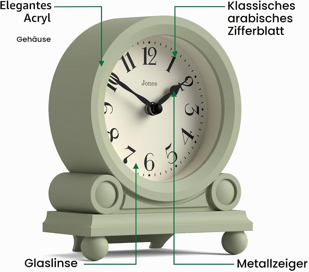 JONES CLOCKS® Maida Vale kaminuhr | Kleine traditionelle schreibtischuhr | Salbeigrün | Hübsch und c