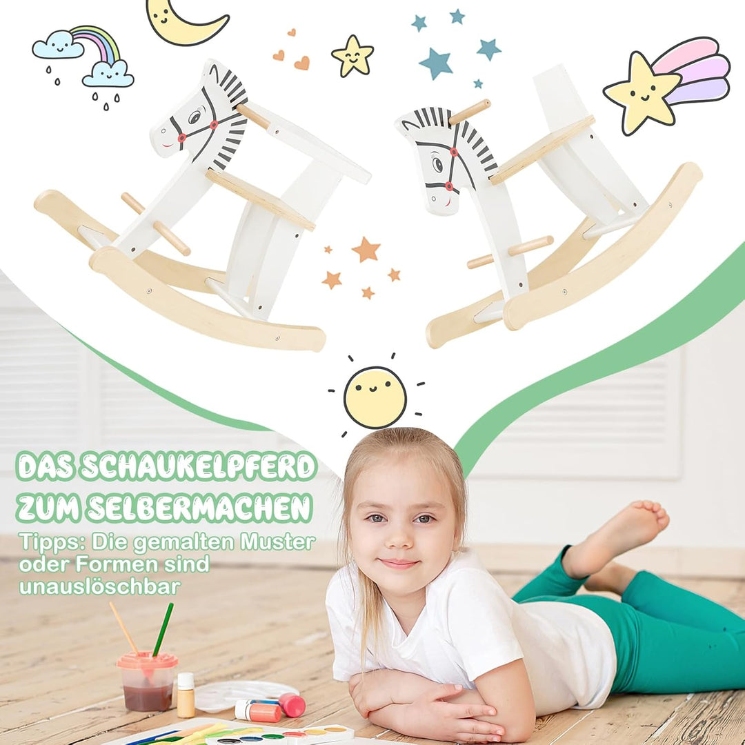 COSTWAY 2 in 1 Zebra Schaukelpferd, Schaukeltier aus Holz mit abnehmbaren Zäunen & Rückenlehne, Scha