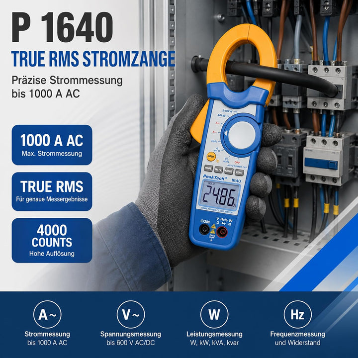 PeakTech True RMS Stromzange 1000A AC DC und Digital Multimeter 4000 Counts mit Durchgangsprüfer - C
