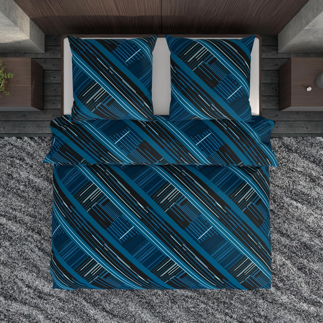 LARAWELL Bettwäsche 135x200 Baumwolle ganzjahres Bettwäsche-Sets blau abstrakt geometrisch Premium