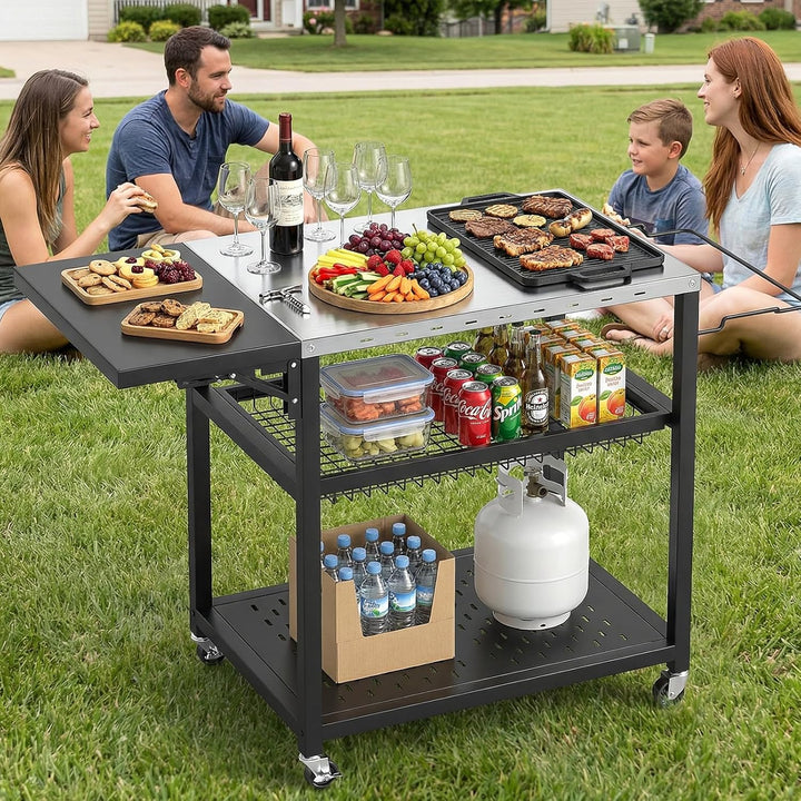 Grillwagen beweglicher Servierwagen mit 3 Ebenen, klappbarem Beistelltisch und 360° schwenkbaren Rol