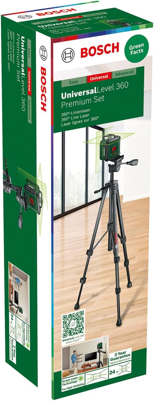 Bosch Kreuzlinienlaser UniversalLevel 360 mit Universalklemme MM 3 und Premium-Stativ TT 150 (vertik