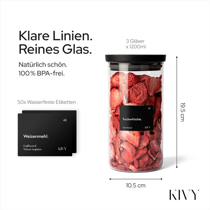 KIVY Vorratsgläser mit transparenten Glasdeckel [3x 1200ml] Stapelbare & Luftdichte Vorratsdosen mit