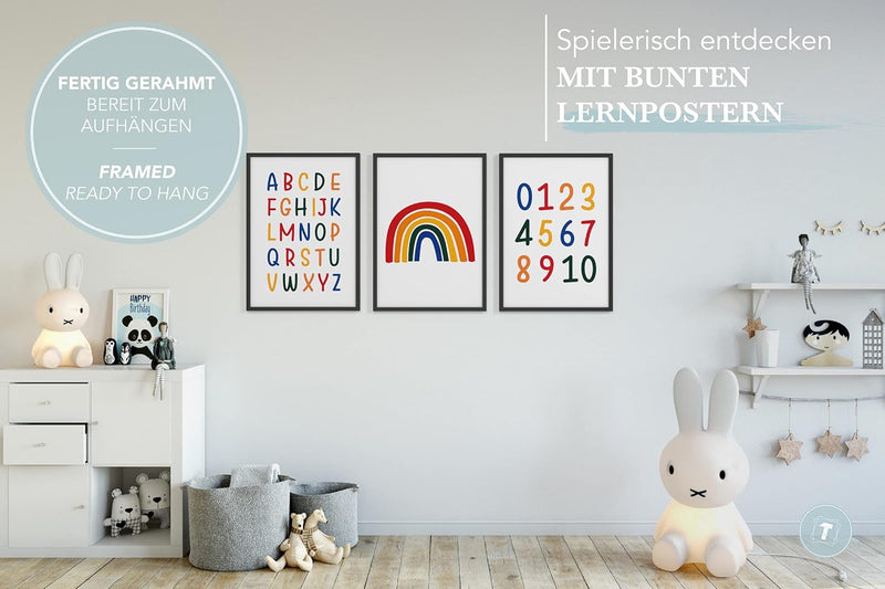 Papierschmiede® Kinderbilder 3er Set Lernposter, A4 gerahmt in Holzrahmen (schwarz), Geschenk für Mä