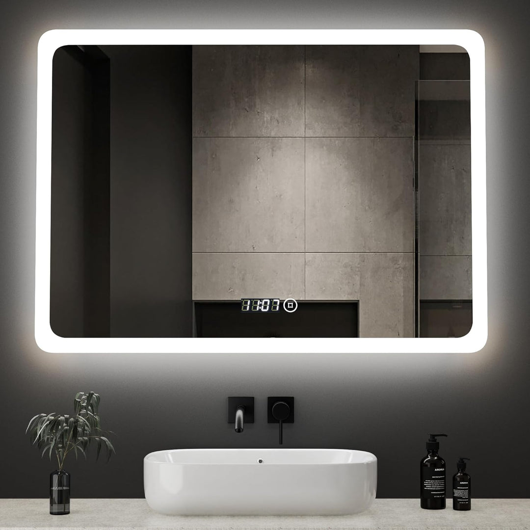 Boromal LED Badspiegel mit Uhr 80x60cm Badezimmerspiegel mit Beleuchtung 6500K Kaltweiss Wandspiegel