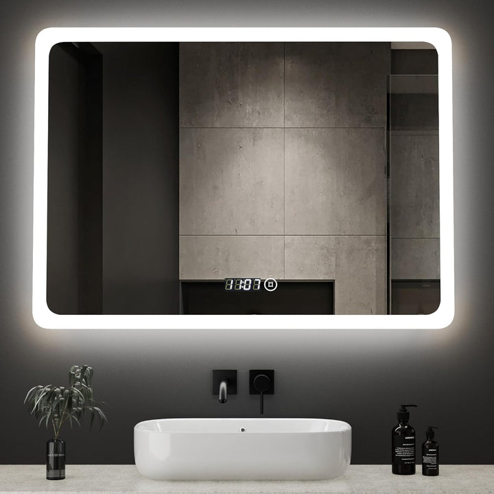 Boromal LED Badspiegel mit Uhr 80x60cm Badezimmerspiegel mit Beleuchtung 6500K Kaltweiss Wandspiegel