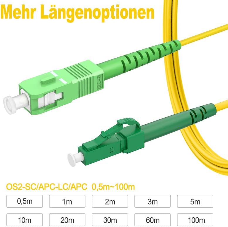 RamboCables 40m SC/APC auf LC/APC, LWL Simplex Patchkabel 9/125µm, Singlemode Glasfaserkabel für FTT
