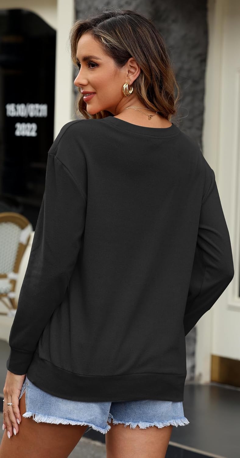 WNEEDU Damen Langarmshirts Lässige Sweatshirts mit Taschen Schwarz S, Schwarz S
