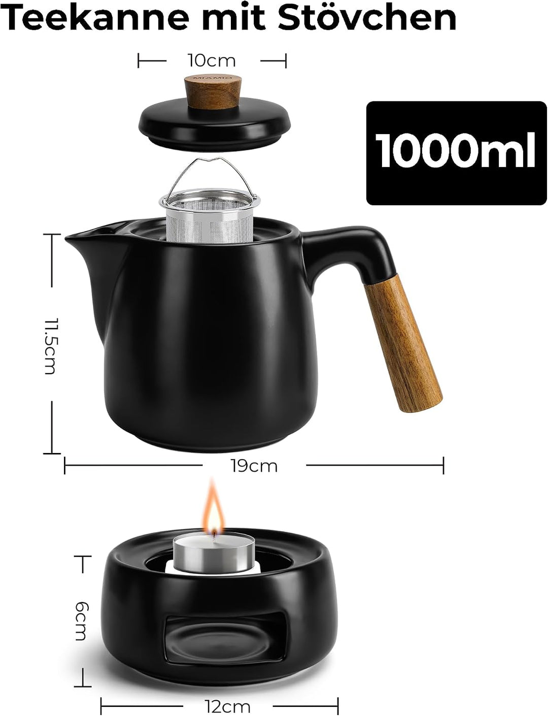 MIAMIO-Teeservice mit Teekanne Keramik (1l) mit Stövchen (Schwarz) | Teeset Teekanne &amp; Stövchen, Tee
