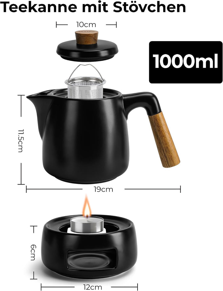 MIAMIO-Teeservice mit Teekanne Keramik (1l) mit Stövchen (Schwarz) | Teeset Teekanne &amp; Stövchen, Tee