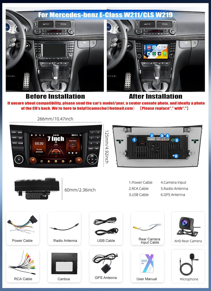 2GB+64GB CAMECHO Android 13 Autoradio mit Navi für Mercedes Benz E-Klasse W211 CLS Klasse W219,Doppe