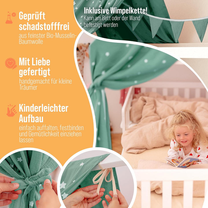 Luna & Leo Hausbett Himmel 3-TLG - mit Sternendruck [Bio Musselin Baumwolle] Handmade | Himmelbett V