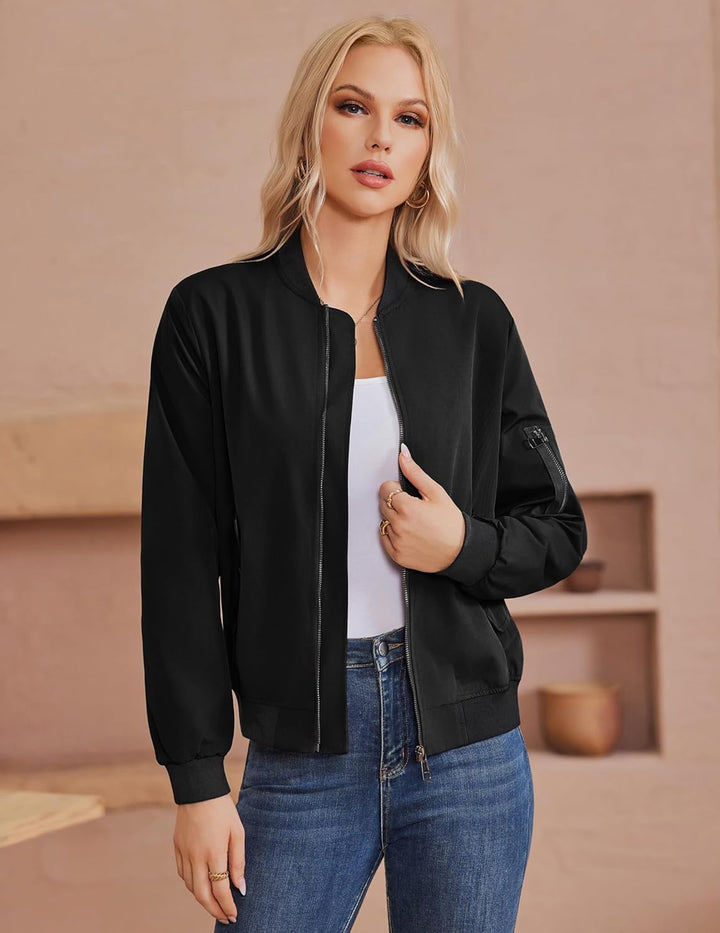 Zeagoo Bomberjacke Damen Kurz Blouson Jacket leichte Fliegerjacke Langarm Casual Frühling Pilotenjac