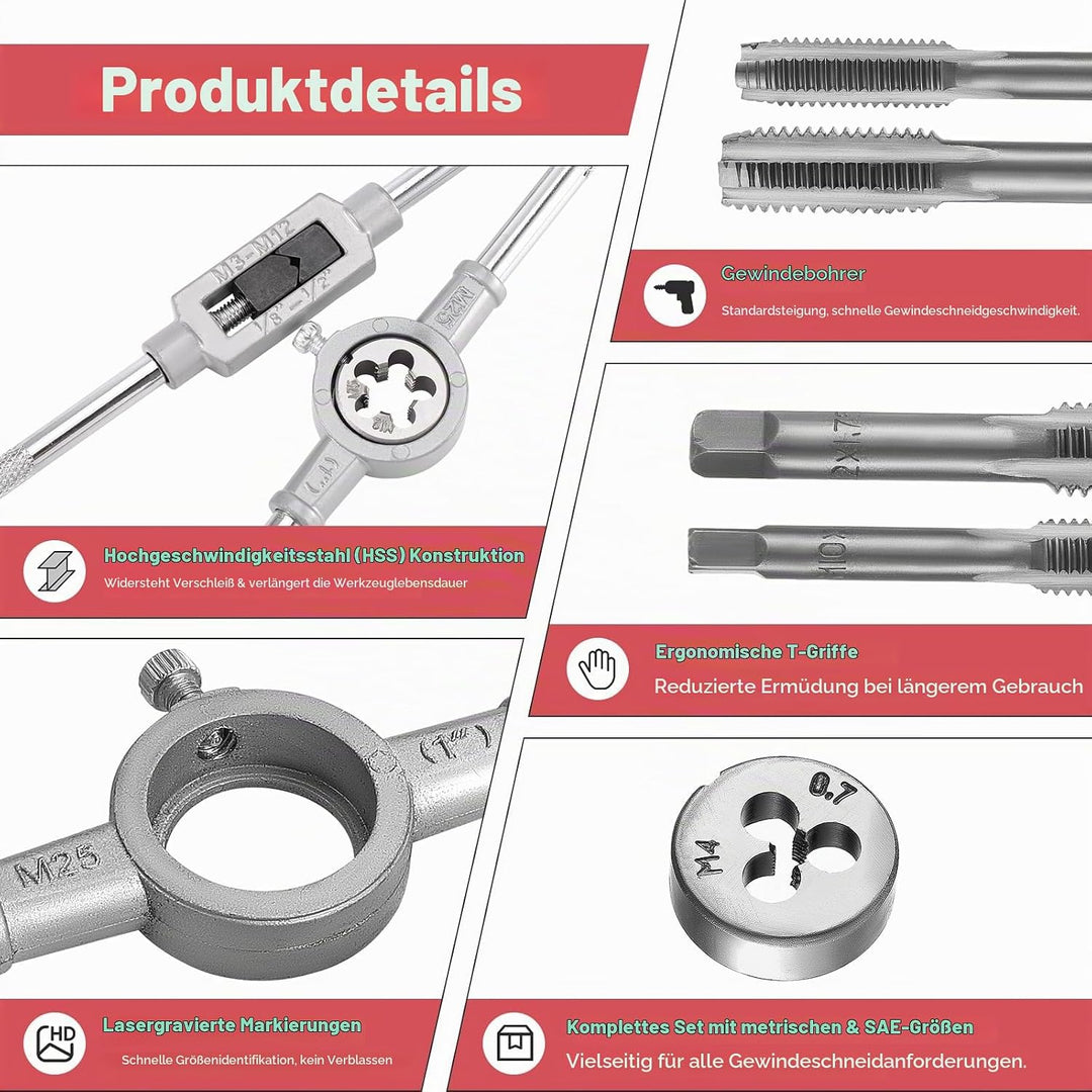 Gewindeschneider Set Metrisch M3-M12 Gewindeschneidsatz, Gewindebohrer Schneideisen Set mit Bohrer,