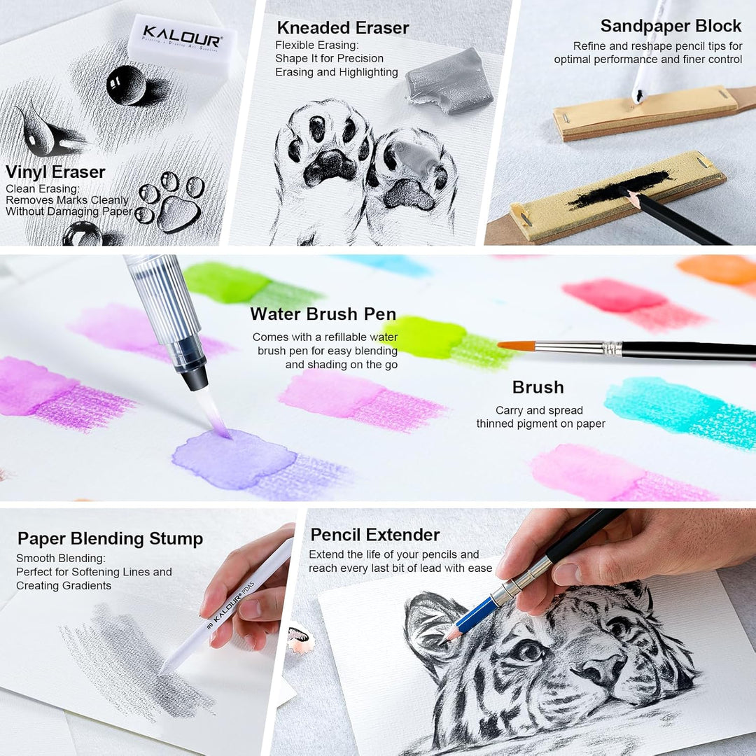 KALOUR PDAS 112 Zeichenset, Skizzierset, Pro Art Supplies mit 3-Farben-Skizzenbuch und Malbuch, Neon
