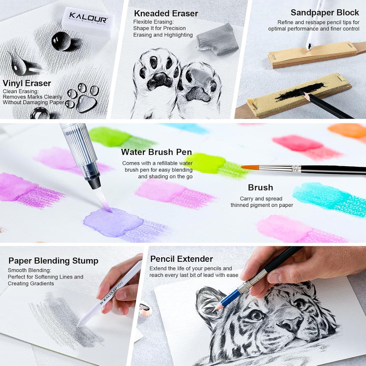 KALOUR PDAS 112 Zeichenset, Skizzierset, Pro Art Supplies mit 3-Farben-Skizzenbuch und Malbuch, Neon