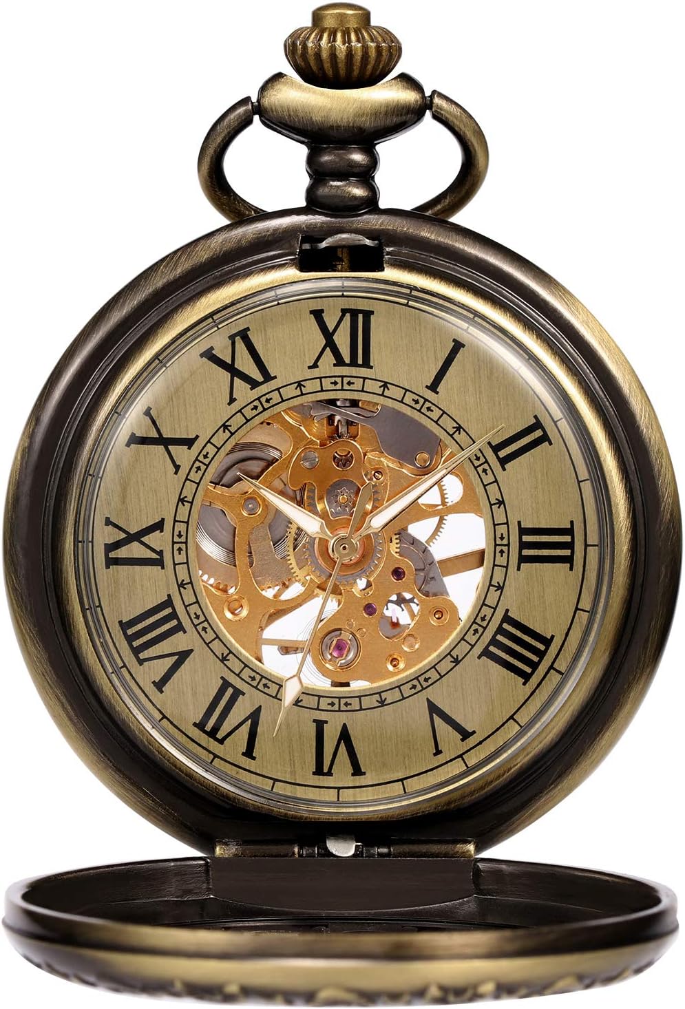 TREEWETO Mechanische Skelett-Taschenuhr für Herren und Damen, Bronze-Ausrüstung, hohles Gehäuse, Ste