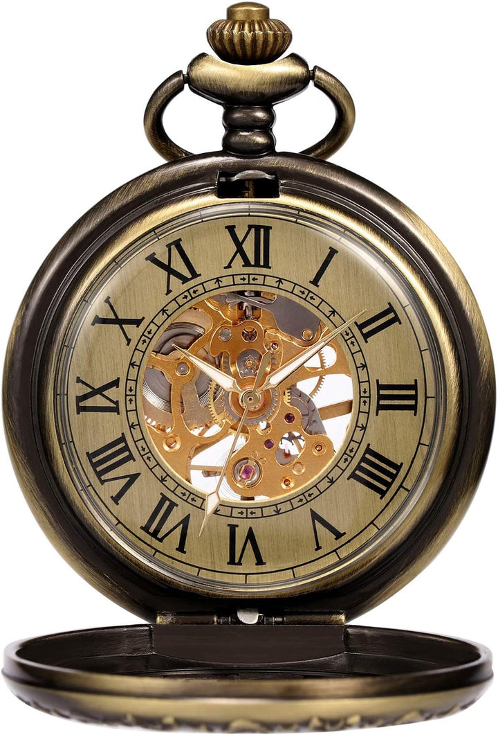 TREEWETO Mechanische Skelett-Taschenuhr für Herren und Damen, Bronze-Ausrüstung, hohles Gehäuse, Ste