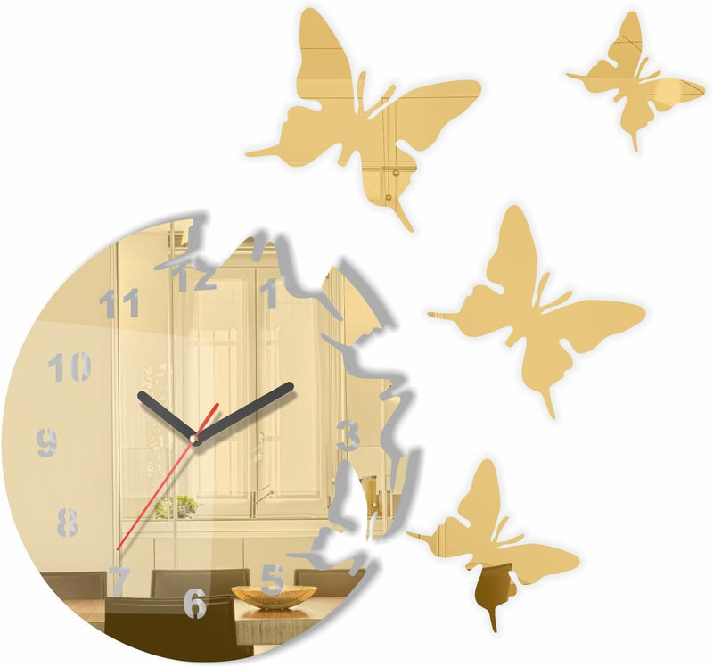 FLEXISTYLE Grosse Moderne Wanduhr Schmetterling Goldspiegel rund 30cm, 3D DIY, Wohnzimmer, Schlafzim