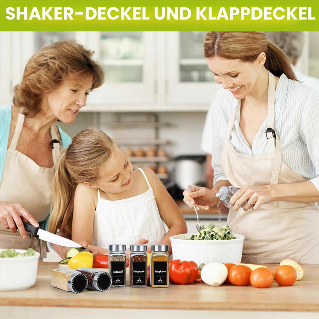 Gewürzgläser Eckig 12er Set 120ml – Gewürzdosen mit Streueinsatz, luftdichtem Schraubdeckel, Inkl. T