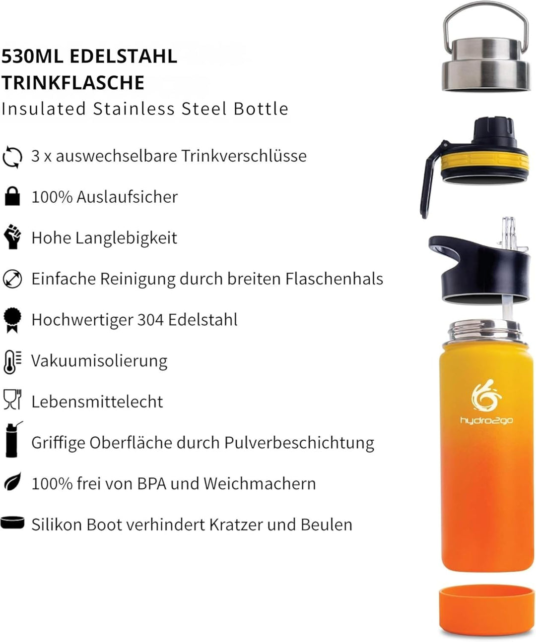 hydro2go Edelstahl Trinkflasche – BPA-freie Isolierflasche für Kinder, Schule, Sport & Outdoor – Häl