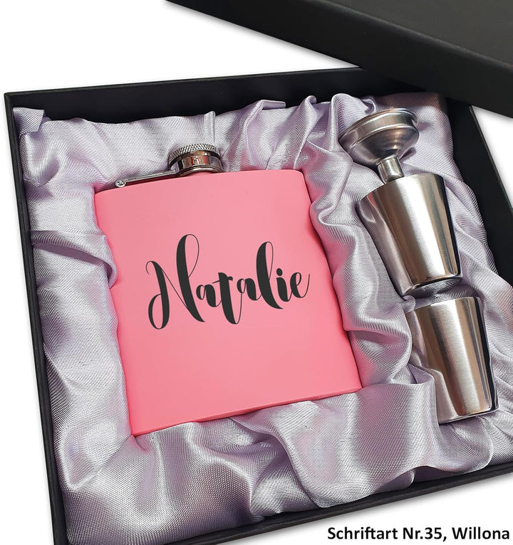 Flachmann mit Gravur. Edelstahl Flachmann personalisiert. Geschenke für Männer. Pink, Pink