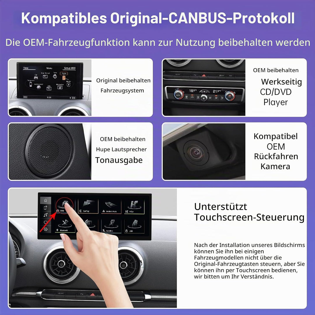 Road Top 12,3 Zoll Autoradio CarPlay für Audi A3/S3 mit MIB (2014-2019) | Linux HD Touchscreen, Wire