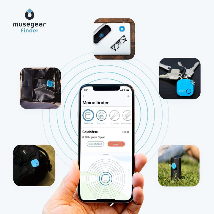 musegear Schlüsselfinder mit Bluetooth App aus Deutschland in Cognac brauner Leder-Tasche I Finder h