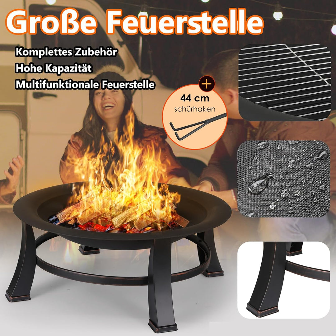 LIFERUN Φ76cm Feuerschale mit Funkenschutz & Grillrost, Feuerkorb mit 600D wasserdichte Oxford Abdec