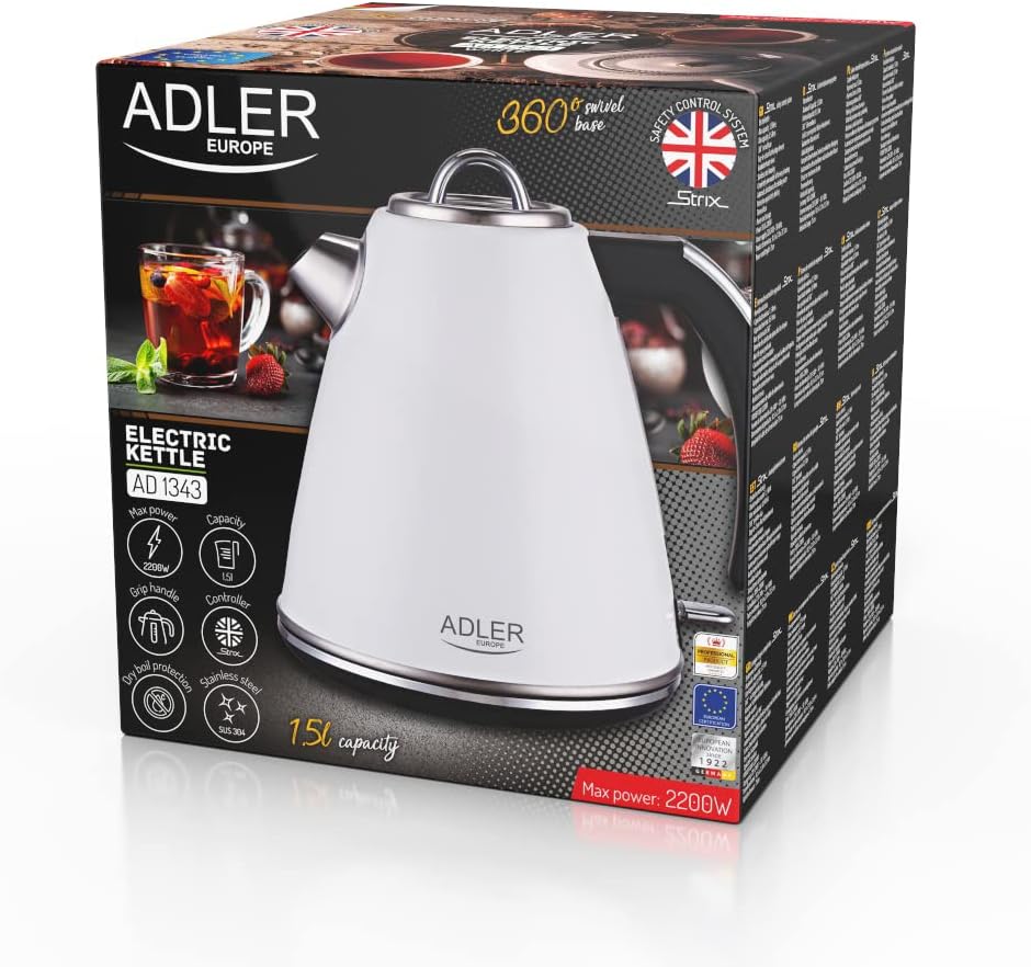 Adler AD 1343 Elektrischer Wasserkocher aus Metall 1,5 L 2200W Retro Design Strix Sicherheitskontrol