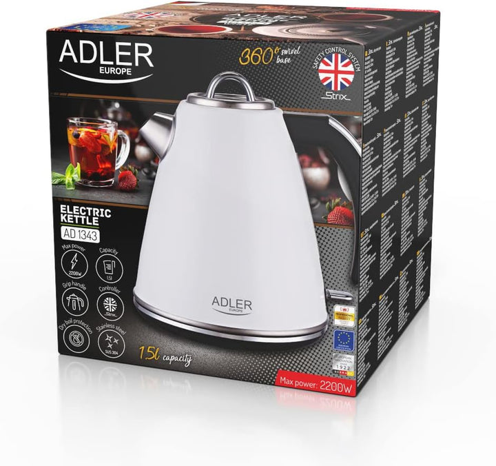 Adler AD 1343 Elektrischer Wasserkocher aus Metall 1,5 L 2200W Retro Design Strix Sicherheitskontrol