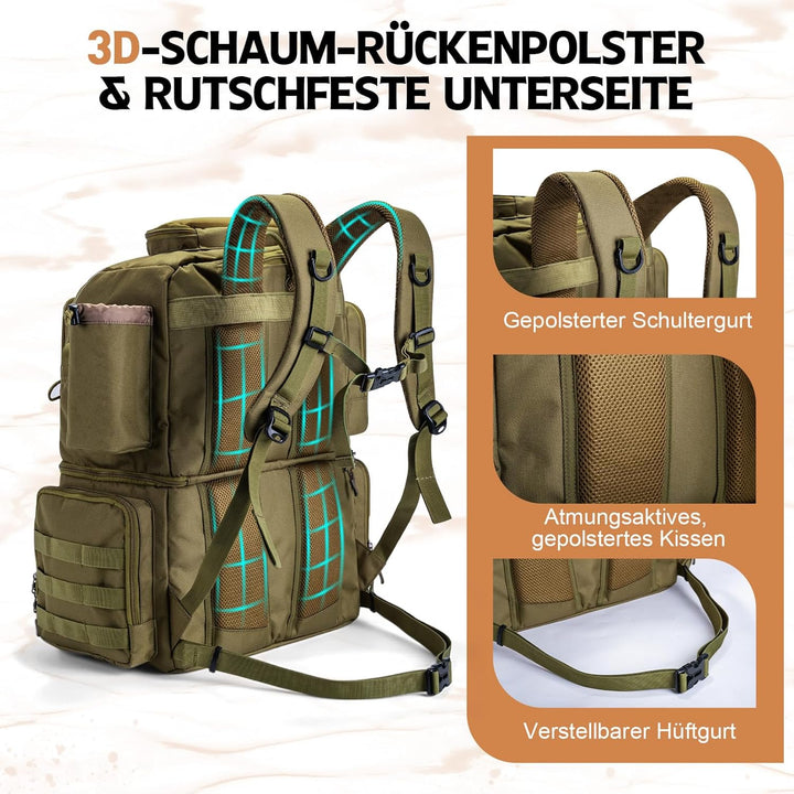 Goture Doppelstöckiger Angelrucksack – 53L wasserdichte Angelgerätetasche mit Exklusivem Fachkonzept