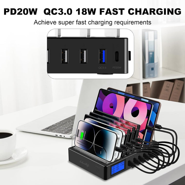 ideallife Ladestation für mehrere Geräte für 7 Anschlüsse, schnelles USB-Ladegerät mit Typ C PD20W Q