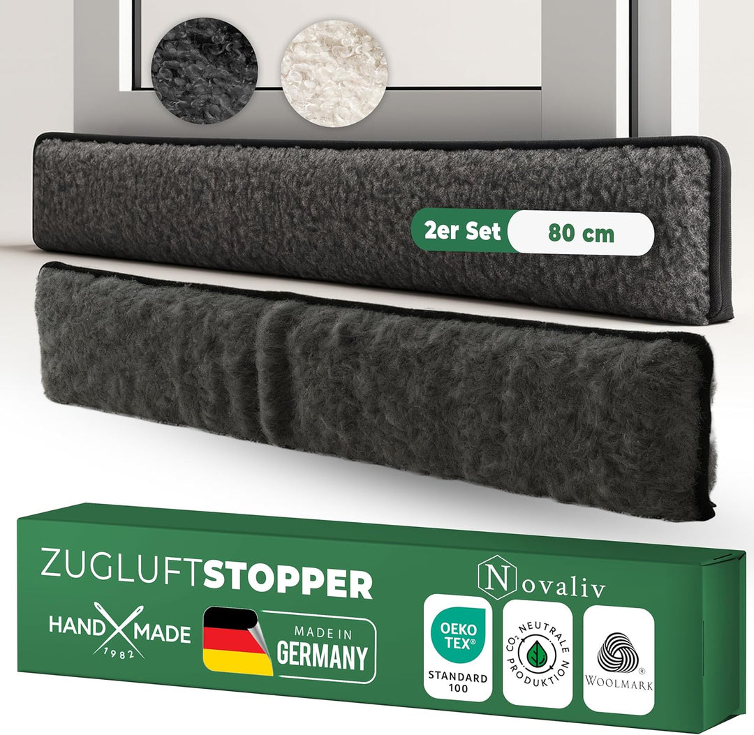 Zugluftstopper für Türen 80cm Anthrazit Schurwolle – stoppt Zugluft & Kälte, dämpft Lärm/Staub/Licht