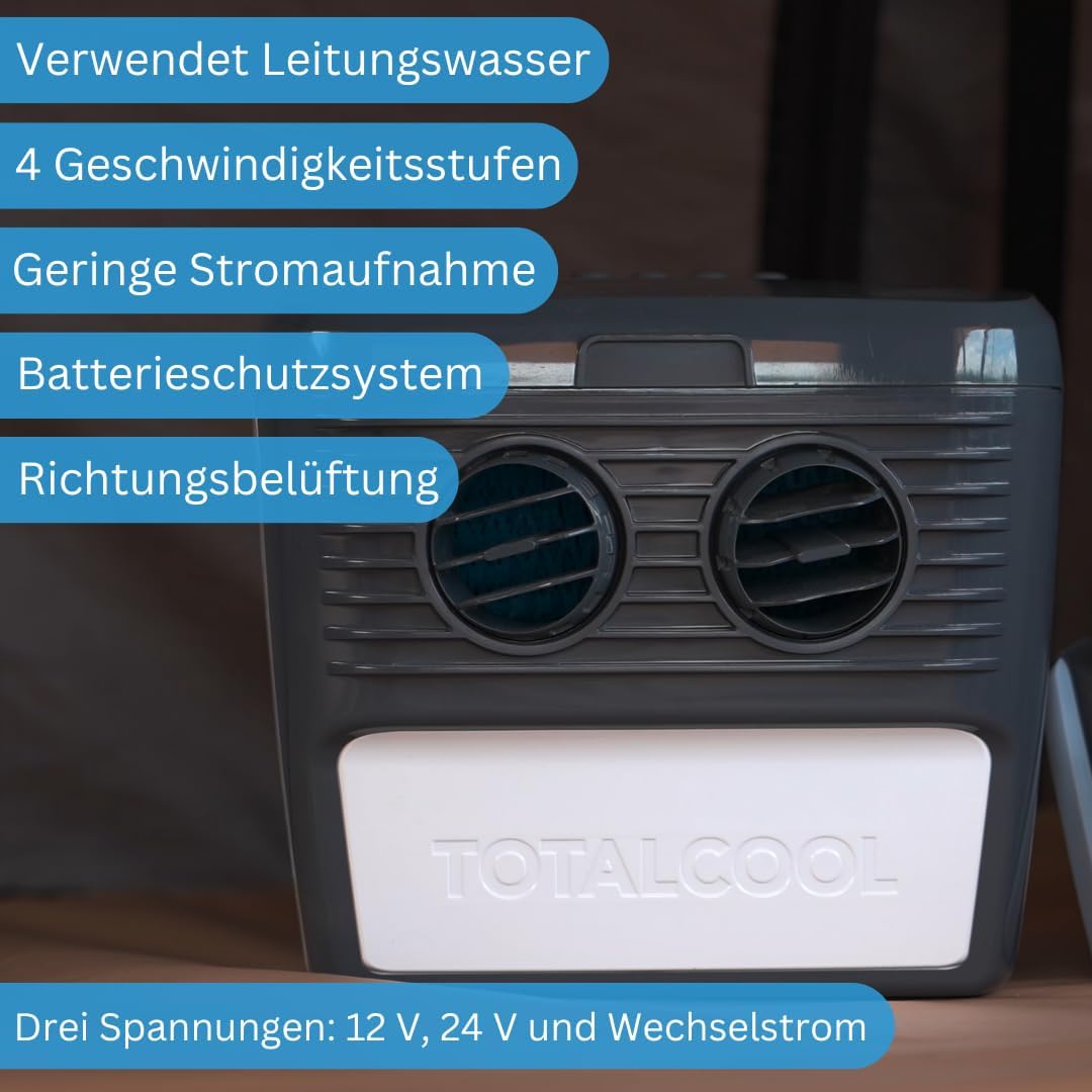 TOTALCOOL 3000 – Tragbarer Verdunstungsluftkühler 12 V/24 V/AC – Wohnwagen – Wohnmobil – Bootfahren
