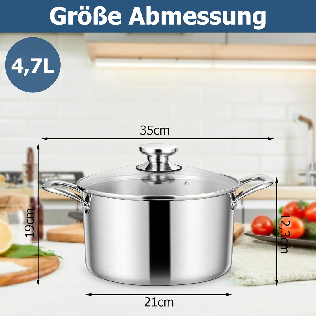 Homikit Kochtopf 22cm, 3-Lagen Suppentopf Induktion mit Glasdeckel, 4,7L Edelstahl Kochtöpfe Nudelto
