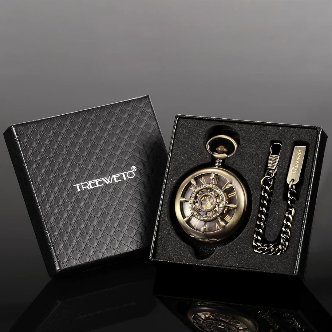TREEWETO Unisex Taschenuhr mit Kette Analog Mechanisch Handaufzug Doppelscharnier Ruder Skelett Bron