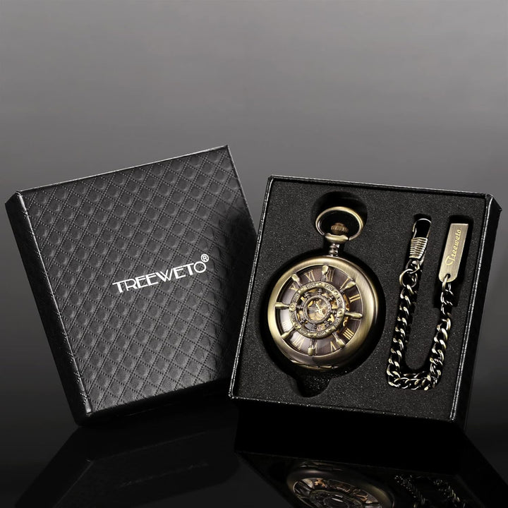 TREEWETO Unisex Taschenuhr mit Kette Analog Mechanisch Handaufzug Doppelscharnier Ruder Skelett Bron
